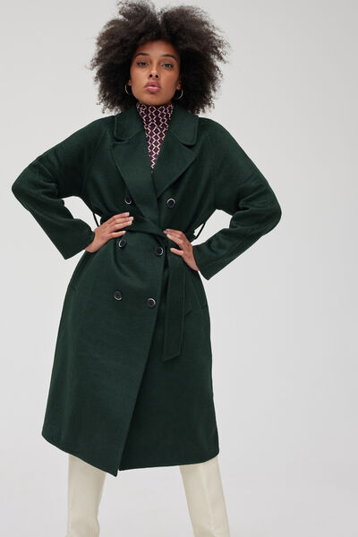 Manteau long ceintur&eacute; en laine