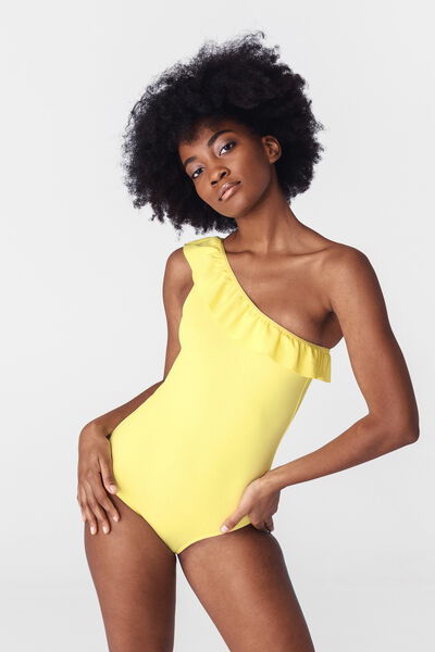 Maillot de bain 1 pièce asymétrique à volant uni