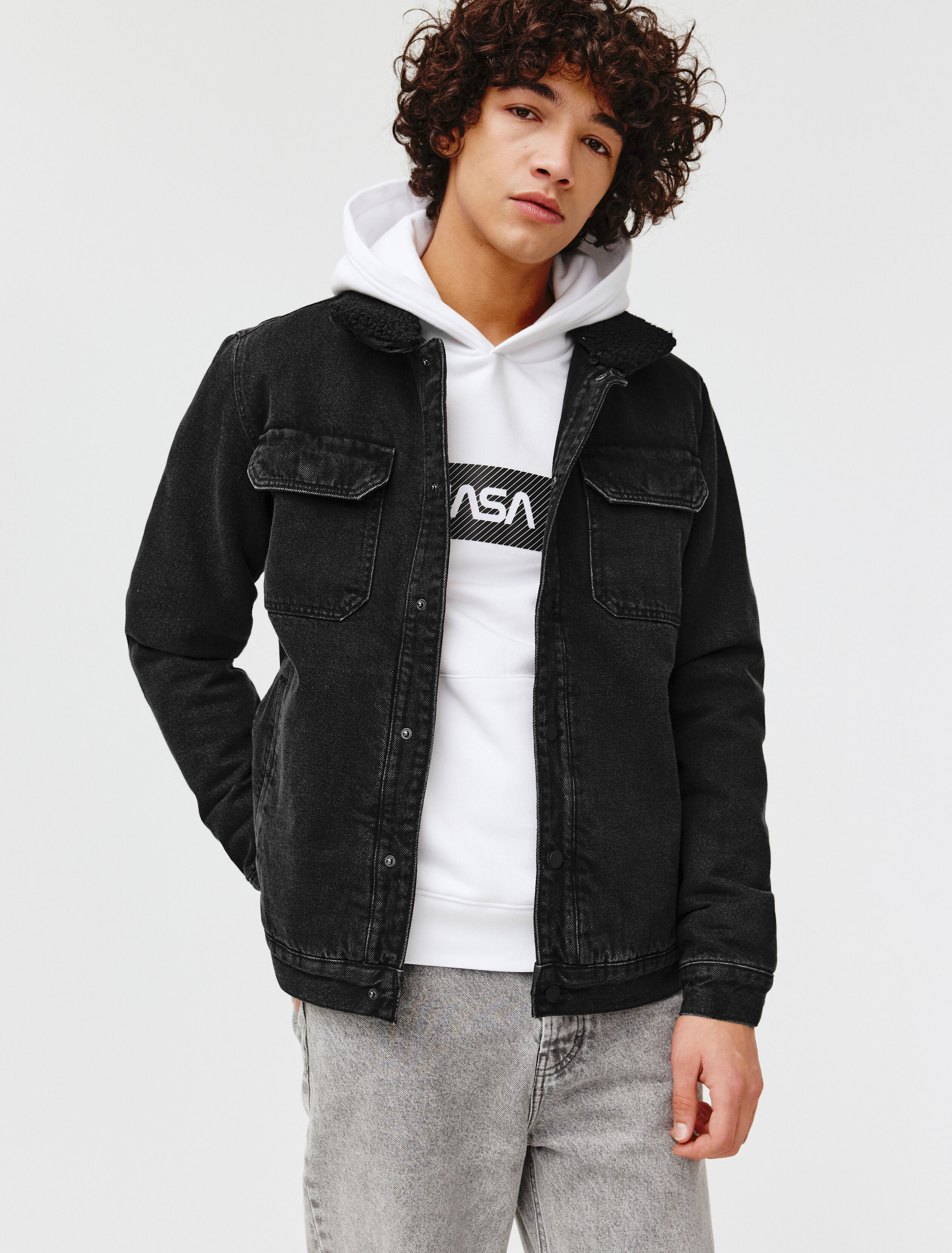 Veste en jean col sherpa Noir BZB