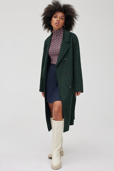 Manteau long ceintur&eacute; en laine