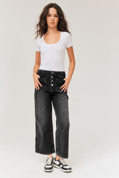 Jean wide leg cropped boutonné