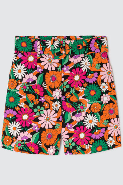 Short ceinturé imprimé en lin