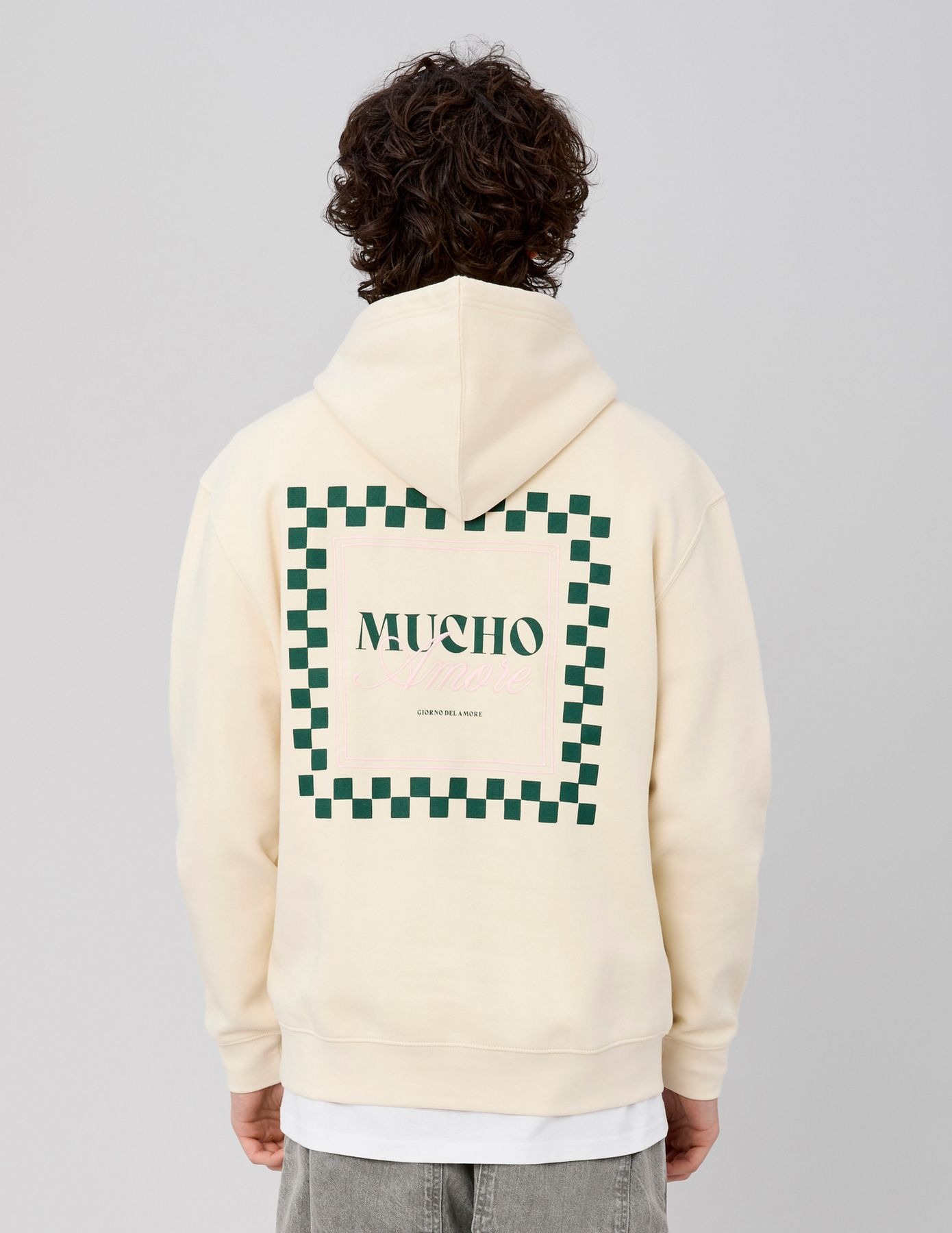 Sweat à capuche beige avec imprimé graphique MUCHO au dos