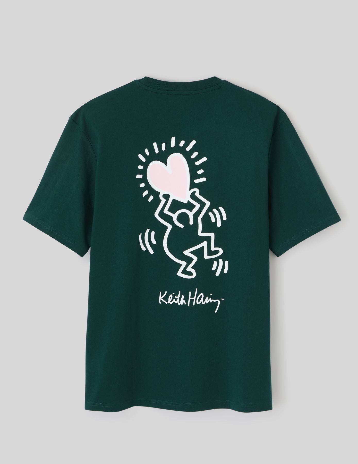T-shirt vert avec motif Keith Haring cœur rose rayonnant graphique