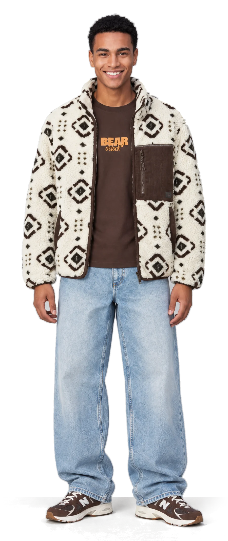 Look 1 : veste sherpa à motifs, t-shirt chocolat Bear o’clock et jean baggy clair