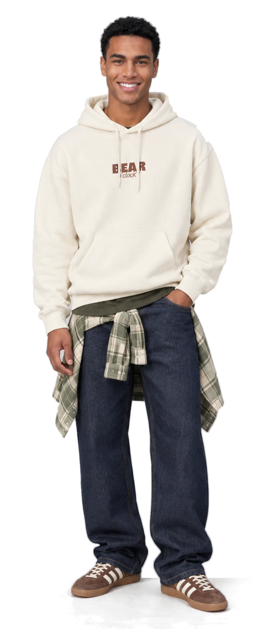 Look 3 : sweat à capuche écru Bear o’clock, chemise à carreaux nouée et jean brut