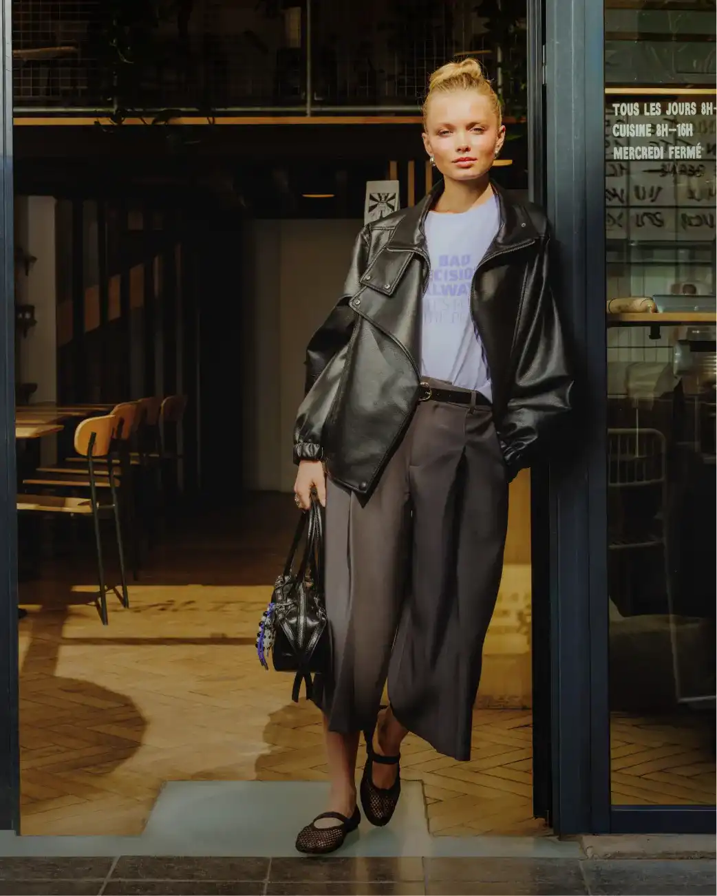 Veste en cuir et pantalon large, nouveautés femme BZB