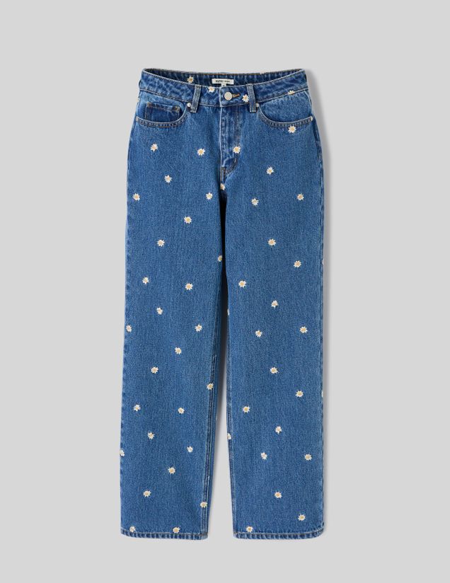 Jean straight brod&eacute; fleurs