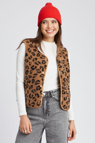 Gilet sans manches l&eacute;opard en sherpa