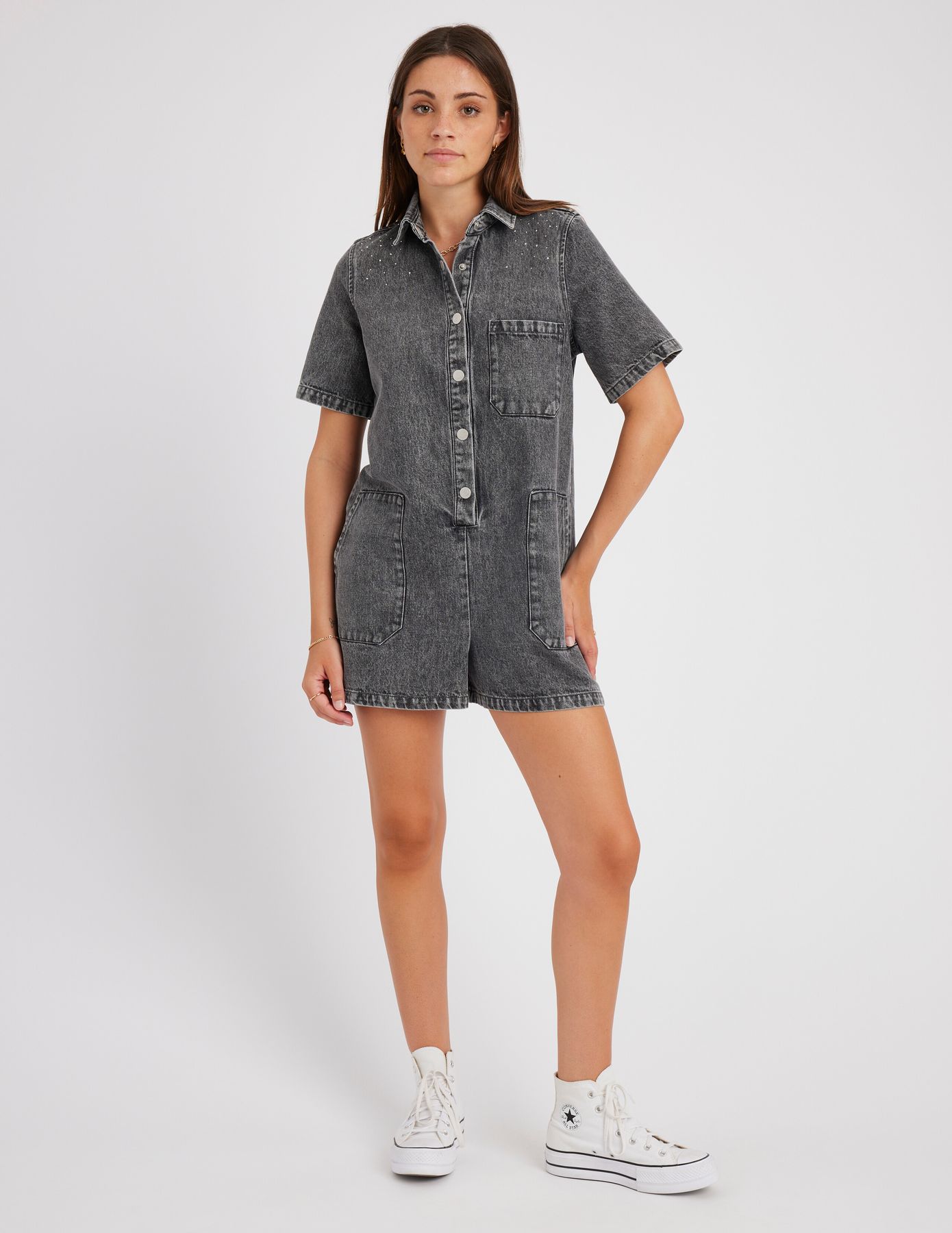 Combishort en jean &agrave; strass