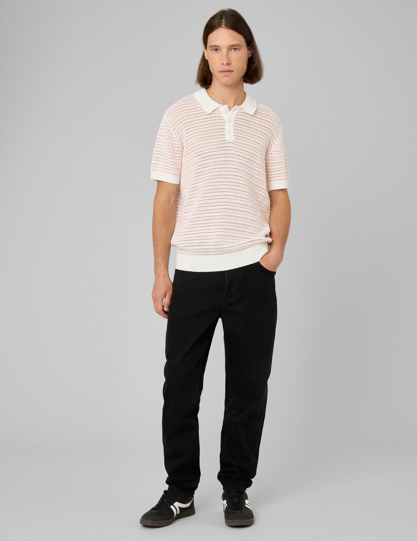 Polo en maille ajour&eacute;e ray&eacute;e