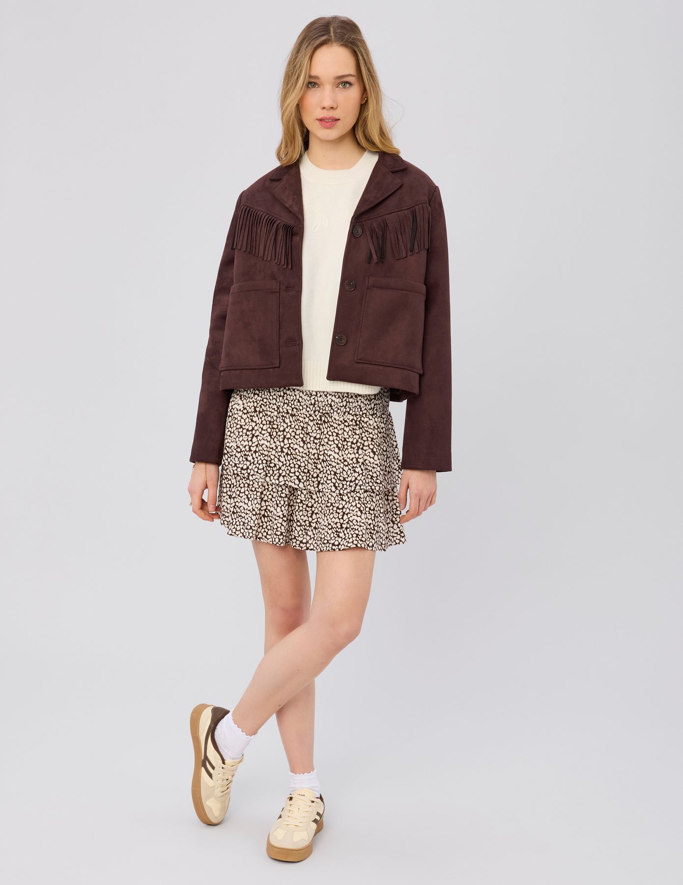 Jupe courte imprim&eacute;e &agrave; volants