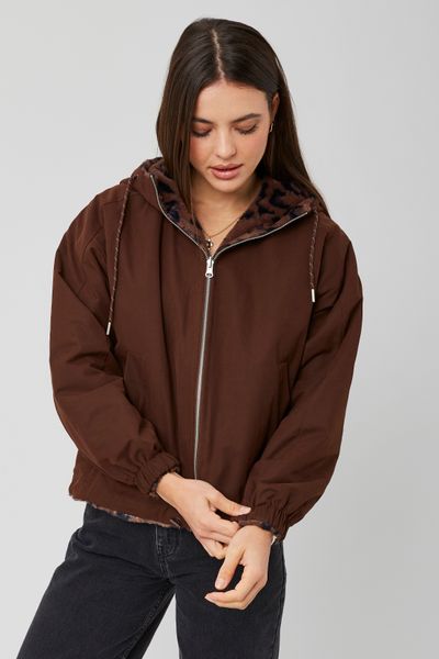 Blouson à capuche réversible imprimé léopard