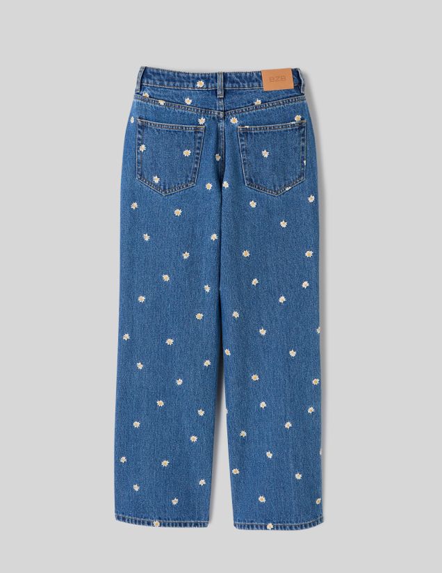 Jean straight brod&eacute; fleurs