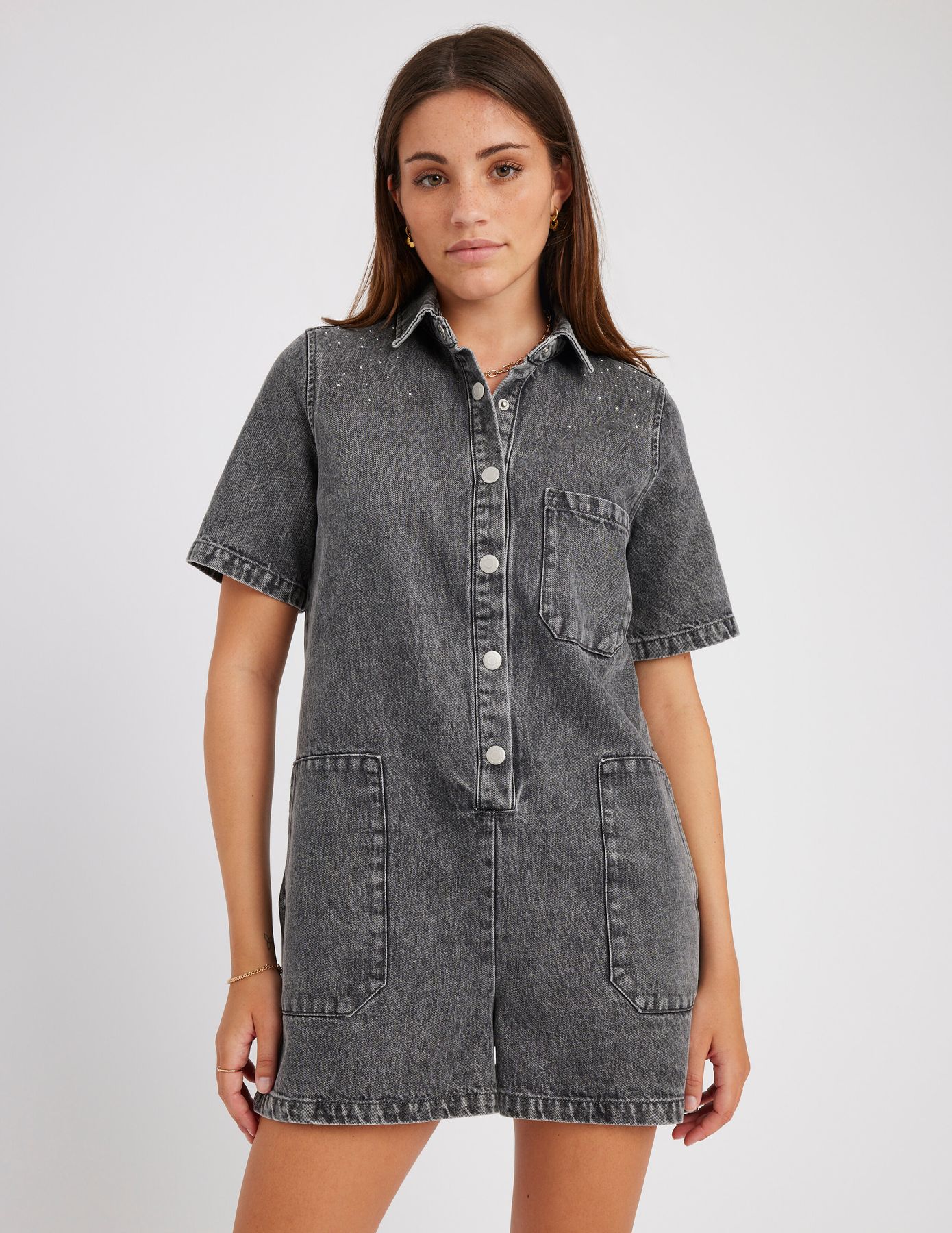 Combishort en jean &agrave; strass