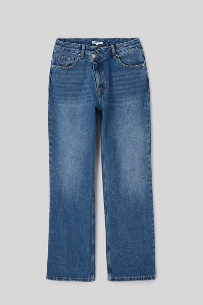 Jean straight ceinture asym&eacute;trique