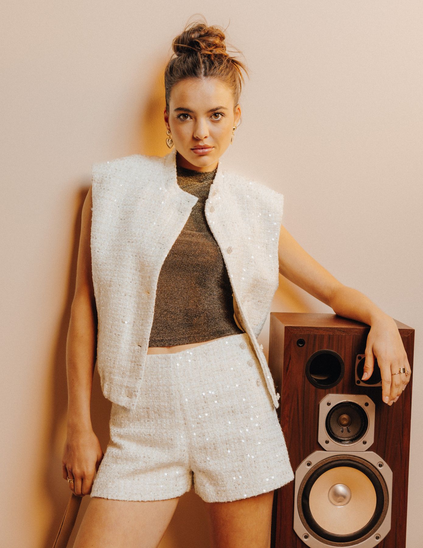 Veste tweed sans manches effet brillant