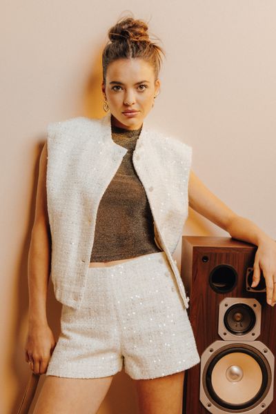 Veste tweed sans manches effet brillant