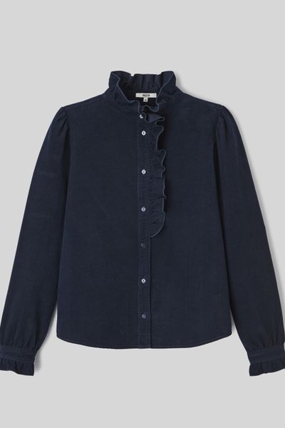 Blouse col montant en velours côtelé