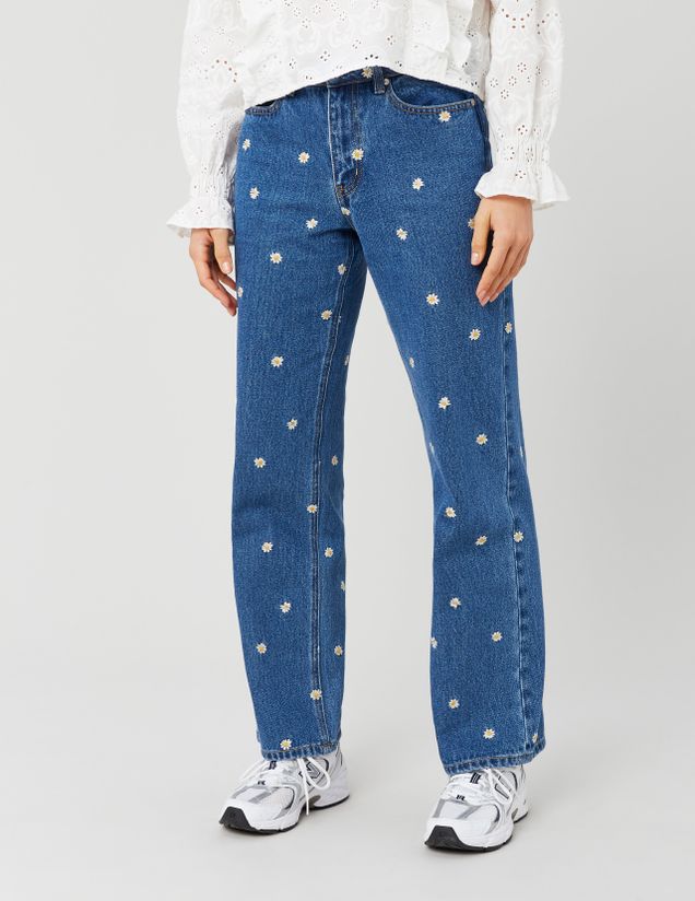 Jean straight brod&eacute; fleurs