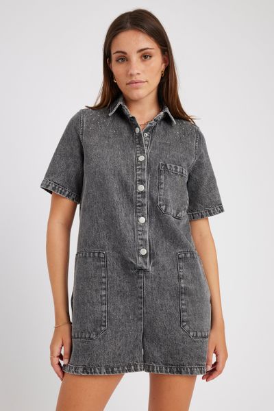 Combishort en jean &agrave; strass