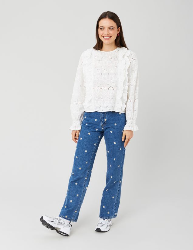 Jean straight brod&eacute; fleurs