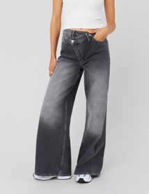 Jean wide leg ceinture asym&eacute;trique