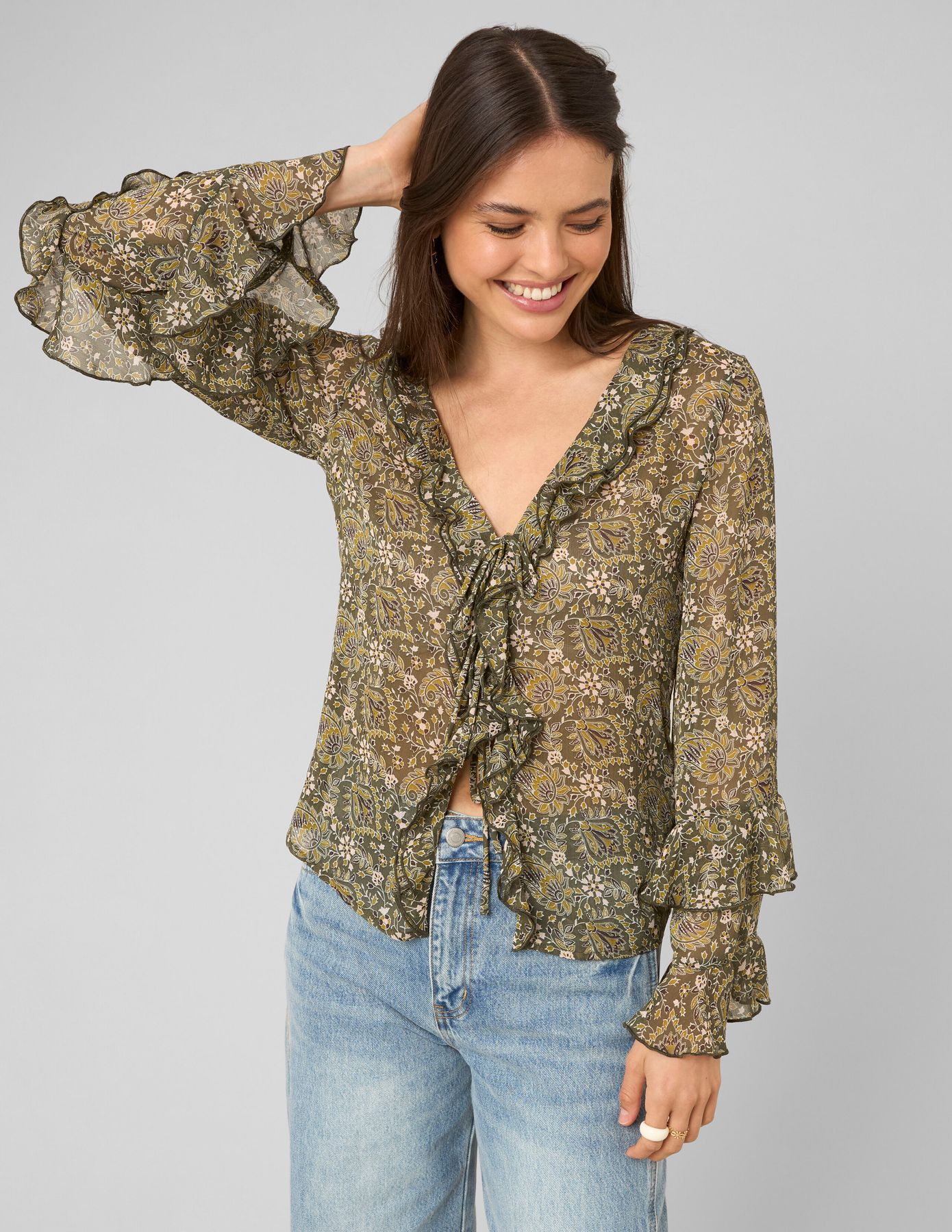 Blouse imprim&eacute;e volant&eacute;e