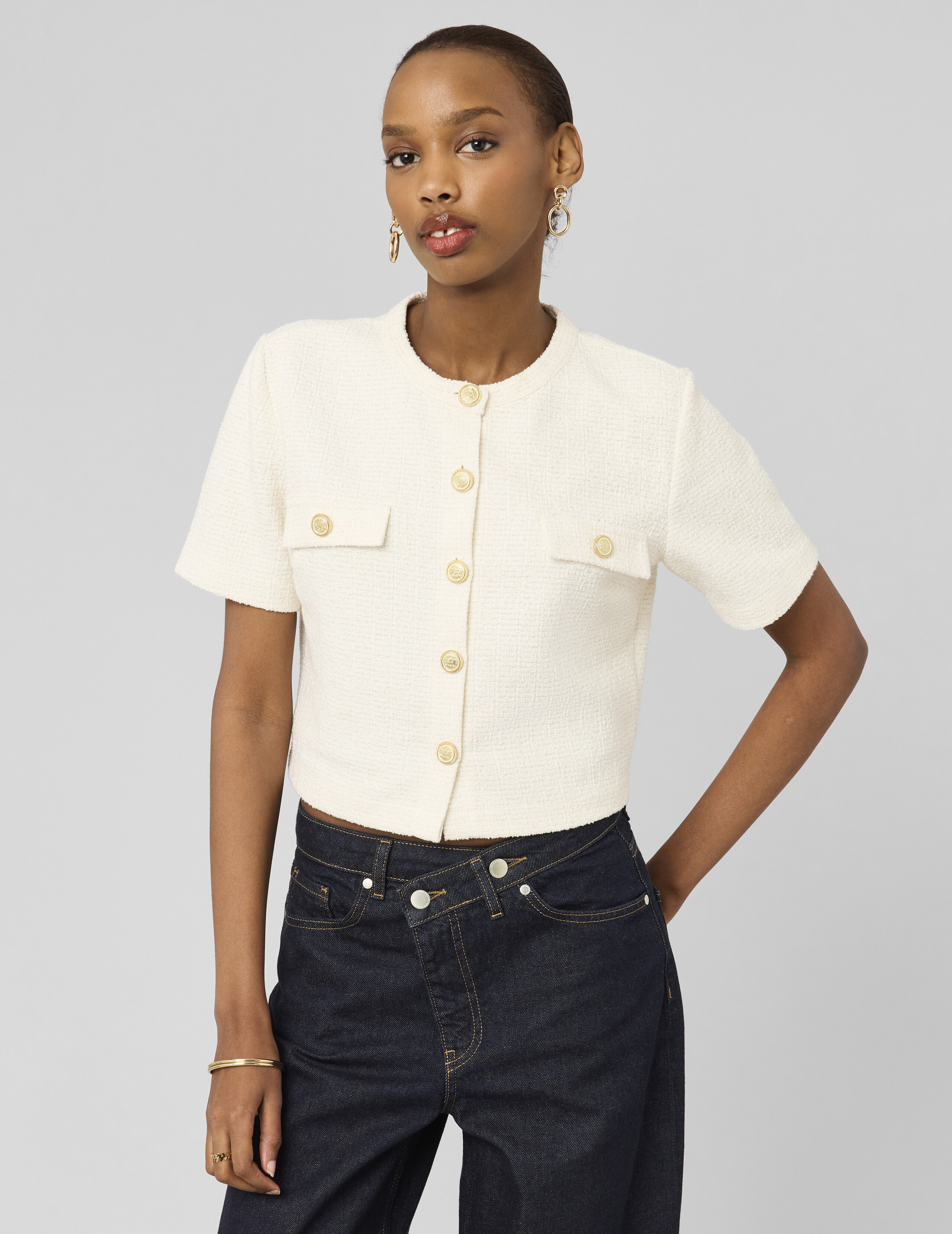 Top boutonn&eacute; en tweed