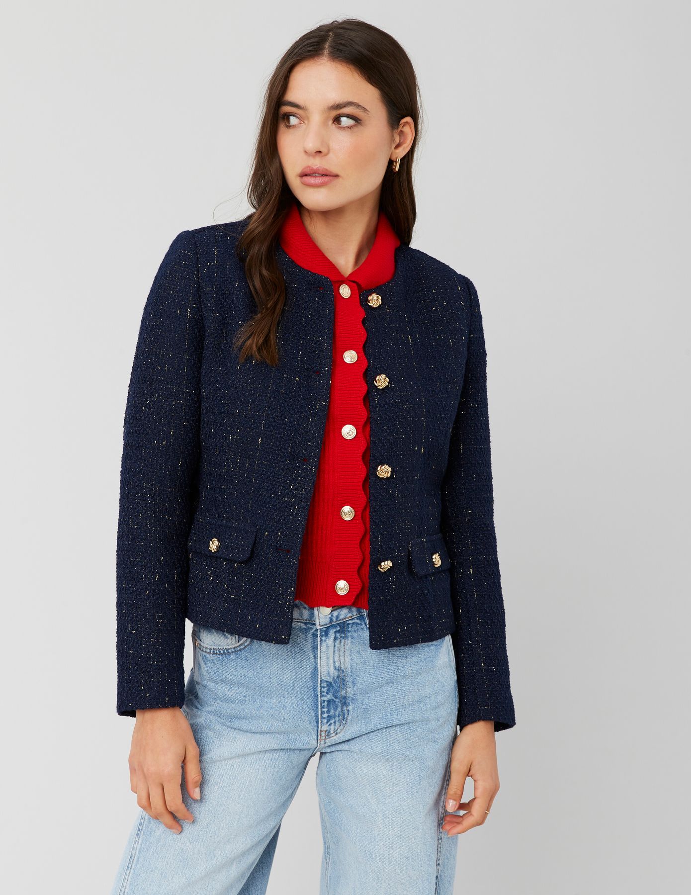 Veste en tweed à ceinture Bleu foncé | BZB