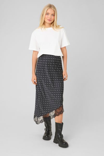 Jupe midi asym&eacute;trique &agrave; pois