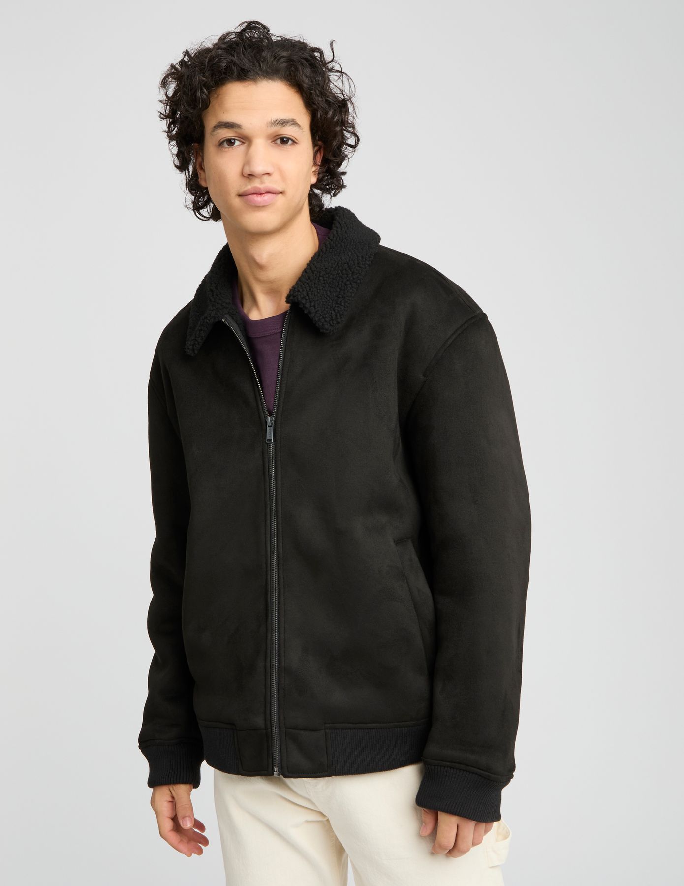 Blouson suedine zippé col sherpa
