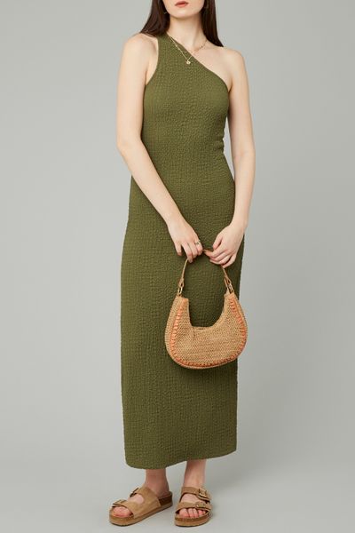 Robe longue asym&eacute;trique maille textur&eacute;e