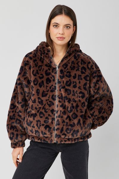 Blouson à capuche réversible imprimé léopard