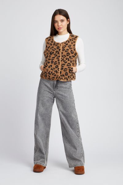 Gilet sans manches l&eacute;opard en sherpa