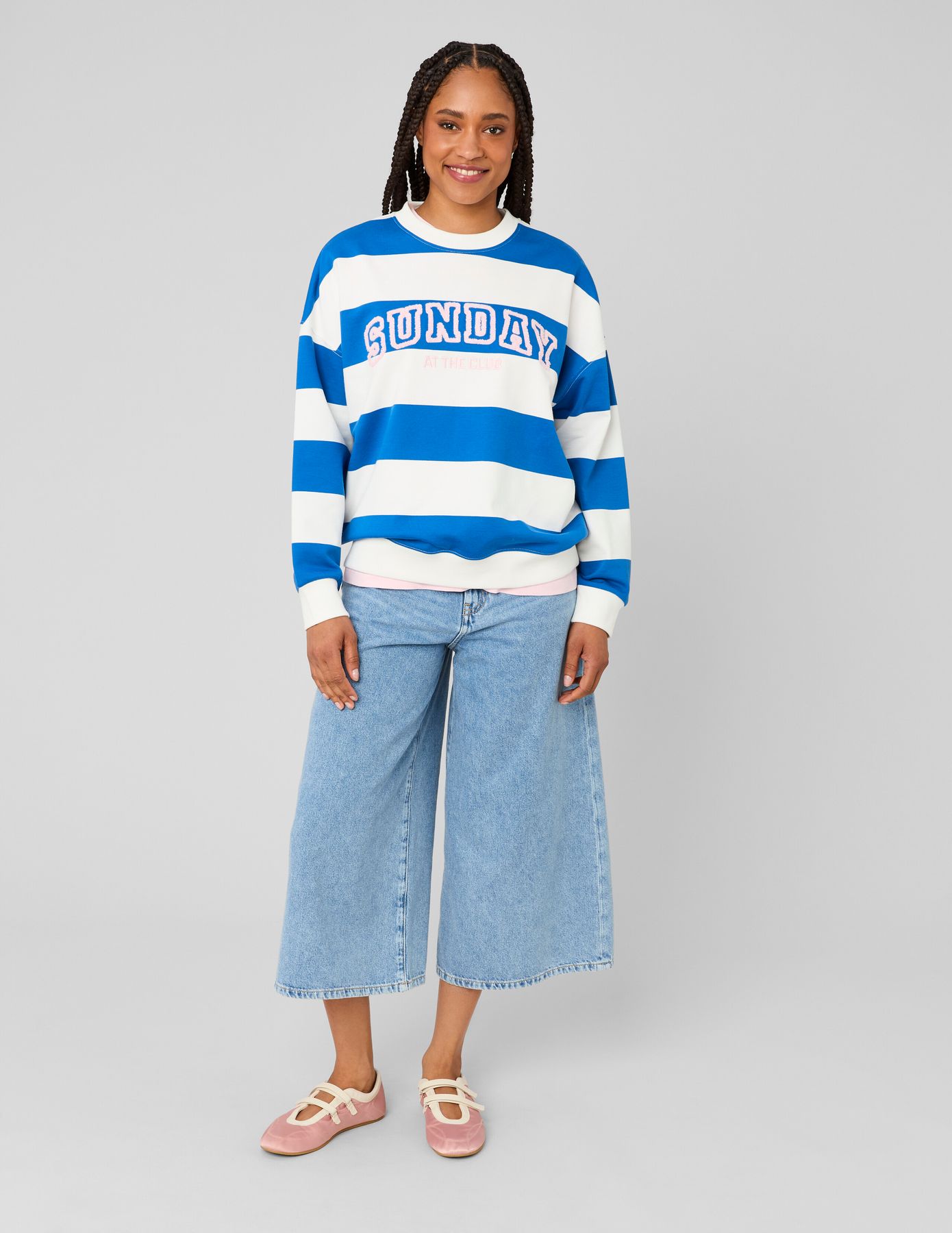 Sweat col rond brod&eacute; &agrave; rayures