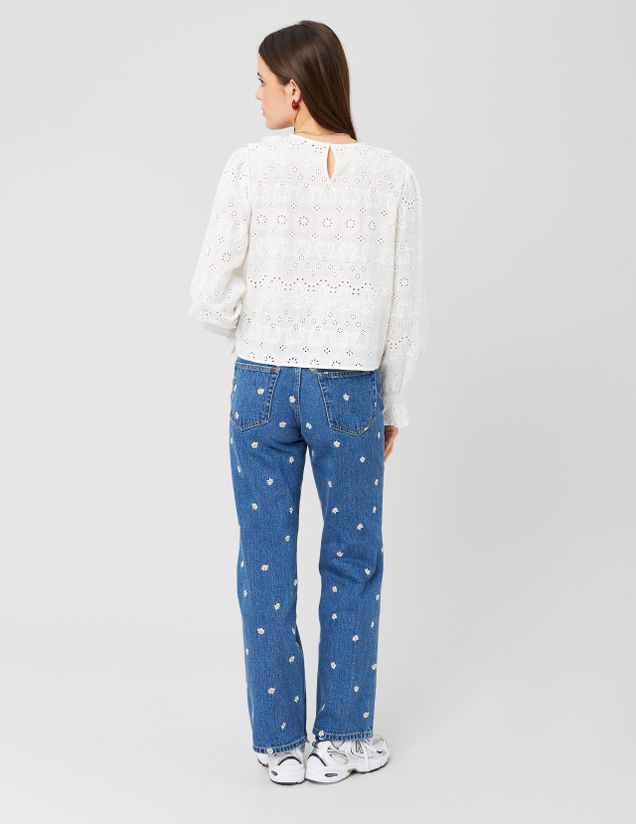 Jean straight brod&eacute; fleurs