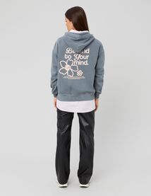 Sweat col capuche délavé imprimé devant/dos