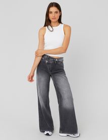 Jean wide leg ceinture asym&eacute;trique