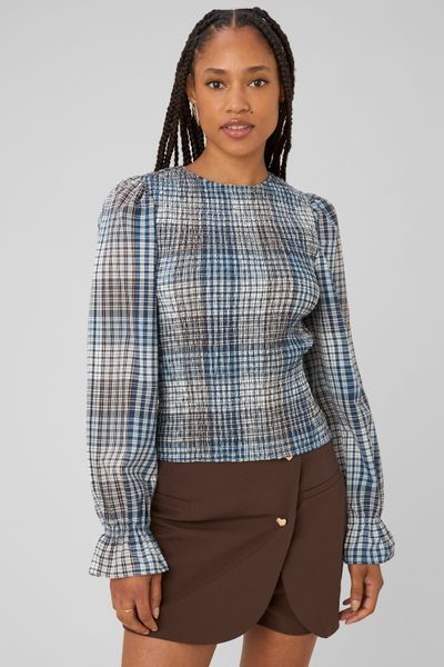 Blouse smock&eacute;e &agrave; carreaux