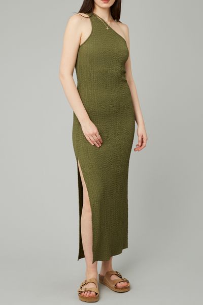 Robe longue asym&eacute;trique maille textur&eacute;e